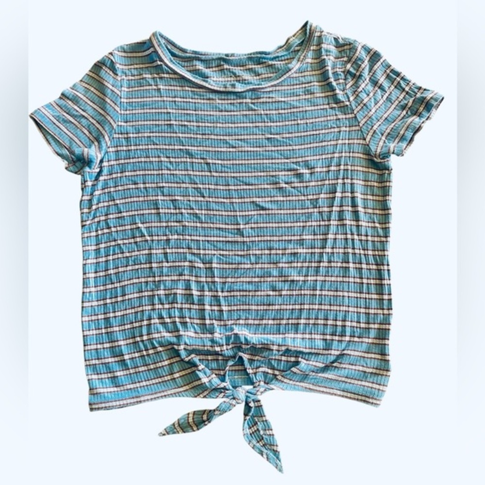 American Eagle Short Sleeve Ribbed Tue Front Cropped Top - Juniors Small Blue